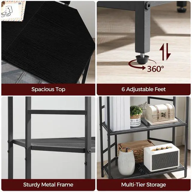 Alt view image 5 of 7 - Corner Printer Stand with Charging Station, 3-Tier Large Printer Table with Adjustable Feet, Metal Frame Storage Shelf for Office, Living Room, Small Space, Black PTBK14E01