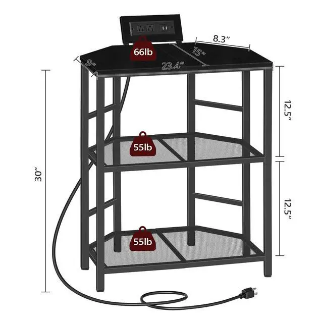 Alt view image 4 of 7 - Corner Printer Stand with Charging Station, 3-Tier Large Printer Table with Adjustable Feet, Metal Frame Storage Shelf for Office, Living Room, Small Space, Black PTBK14E01