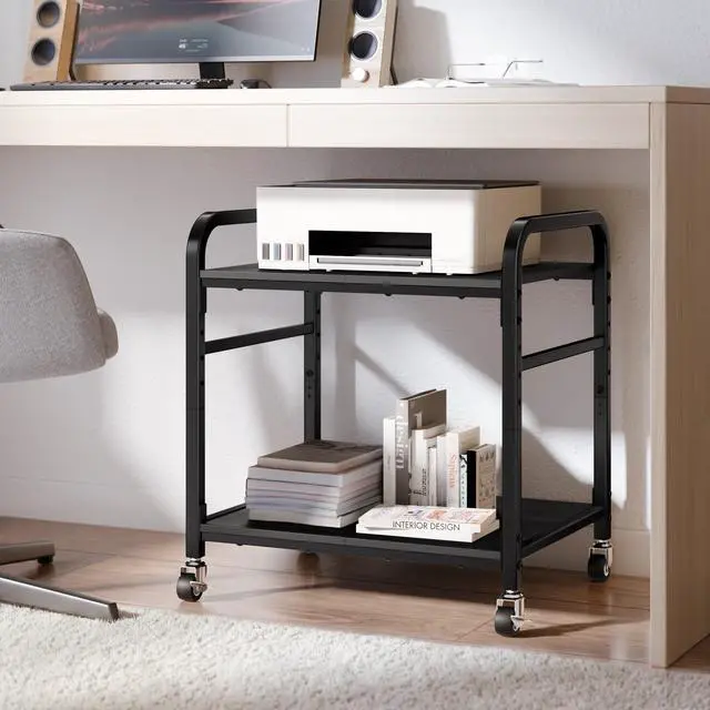 Alt view image 2 of 7 - 2 Tier Under Desk Printer Stand with Storage, 22" Rolling Printer Cart with Lockable Wheels, Height Adjustable Shelf for Home Office, Black
