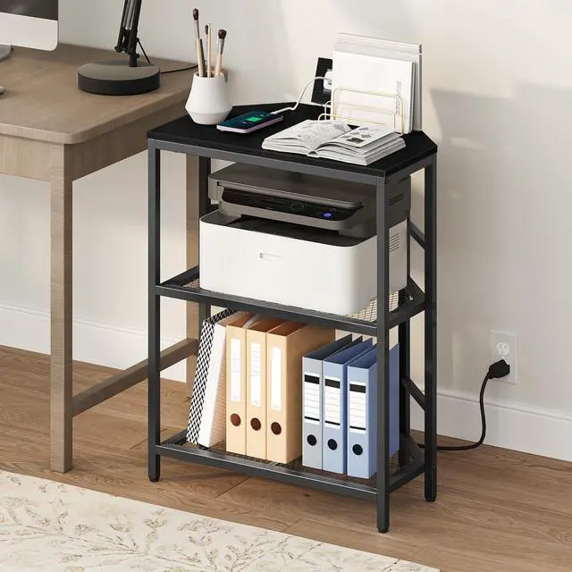 Alt view image 7 of 7 - Corner Printer Stand with Charging Station, 3-Tier Large Printer Table with Adjustable Feet, Metal Frame Storage Shelf for Office, Living Room, Small Space, Black PTBK14E01