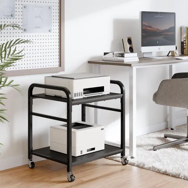 Alt view image 6 of 7 - 2 Tier Under Desk Printer Stand with Storage, 22" Rolling Printer Cart with Lockable Wheels, Height Adjustable Shelf for Home Office, Black
