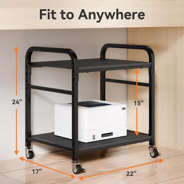 Alt view image 7 of 7 - 2 Tier Under Desk Printer Stand with Storage, 22" Rolling Printer Cart with Lockable Wheels, Height Adjustable Shelf for Home Office, Black