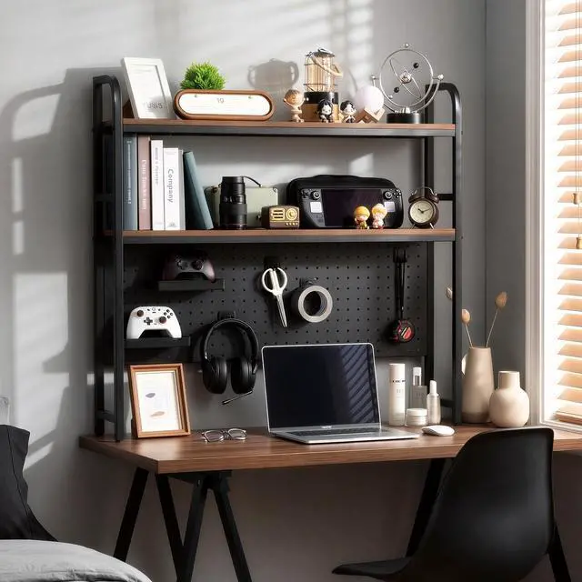 Alt view image 5 of 7 - Desktop Shelf, Desk Hutch with Grid Panel, Desktop 2-Tier Display Rack, Multipurpose Metal Desktop Bookshelf Storage Organizer, Black