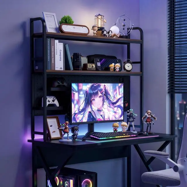Alt view image 2 of 7 - Desktop Shelf, Desk Hutch with Grid Panel, Desktop 2-Tier Display Rack, Multipurpose Metal Desktop Bookshelf Storage Organizer, Black