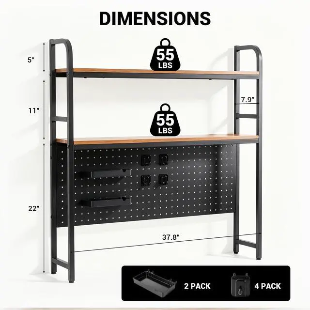 Alt view image 3 of 7 - Desktop Shelf, Desk Hutch with Grid Panel, Desktop 2-Tier Display Rack, Multipurpose Metal Desktop Bookshelf Storage Organizer, Black