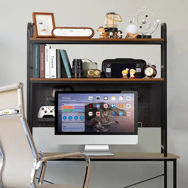 Alt view image 7 of 7 - Desktop Shelf, Desk Hutch with Grid Panel, Desktop 2-Tier Display Rack, Multipurpose Metal Desktop Bookshelf Storage Organizer, Black