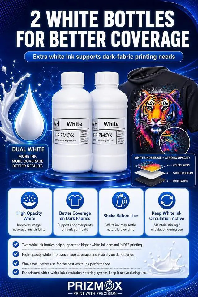 Alt view image 5 of 7 - DTF Ink 1500ML Combo Pack Pigment Ink Use with DTF Film Heat Transfer Printing, Refill for DTF Printer DX5 DX7 5113 XP600 I3200 4720 XP15000(2 White+KCMY, 250ml x 6)