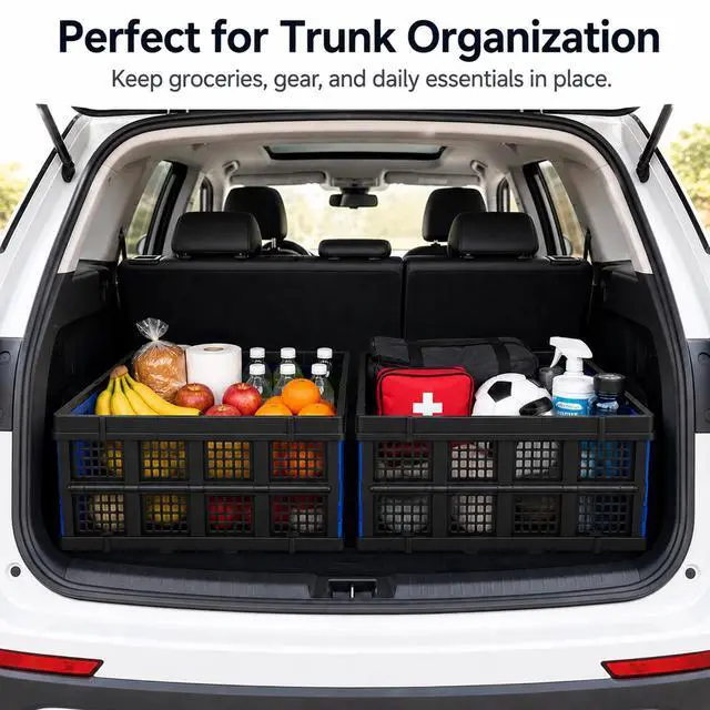 Alt view image 5 of 7 - Collapsible Storage Crates 3 Pack, Stackable Foldable Storage Bins for Garage, Car Trunk, Warehouse & Home Organization, Heavy Duty Plastic Utility Crates, 49L, Blue
