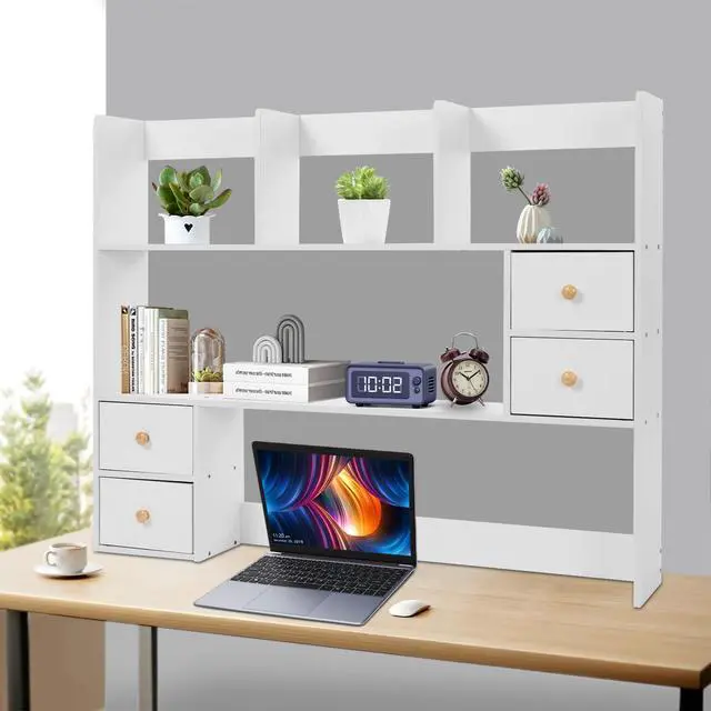 Alt view image 2 of 7 - Desk Hutch Top Only, Desktop Hutch with 8 Shelves & 4 Drawers, Vanity Desk with Hutch, Extendable Small Desk Shelf for Top of Desk, Desktop Bookcase Bookshelf for Home Office
