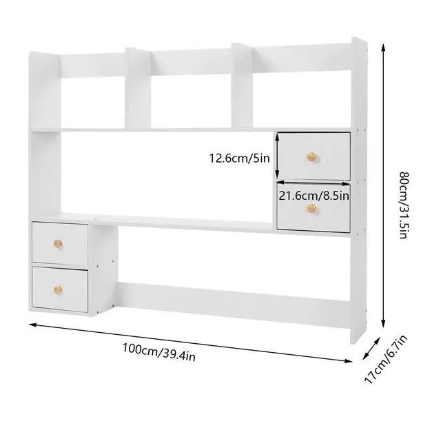 Alt view image 3 of 7 - Desk Hutch Top Only, Desktop Hutch with 8 Shelves & 4 Drawers, Vanity Desk with Hutch, Extendable Small Desk Shelf for Top of Desk, Desktop Bookcase Bookshelf for Home Office