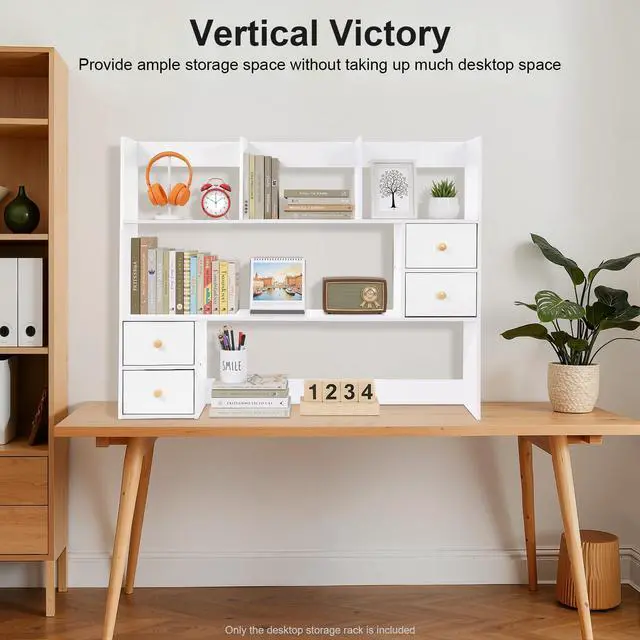 Alt view image 4 of 7 - Desk Hutch Top Only, Desktop Hutch with 8 Shelves & 4 Drawers, Vanity Desk with Hutch, Extendable Small Desk Shelf for Top of Desk, Desktop Bookcase Bookshelf for Home Office