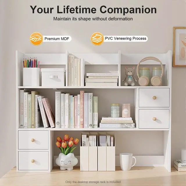 Alt view image 5 of 7 - Desk Hutch Top Only, Desktop Hutch with 8 Shelves & 4 Drawers, Vanity Desk with Hutch, Extendable Small Desk Shelf for Top of Desk, Desktop Bookcase Bookshelf for Home Office