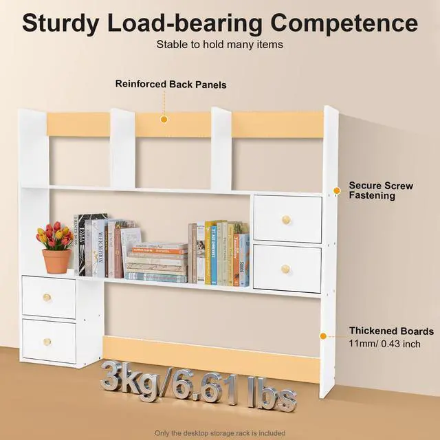Alt view image 6 of 7 - Desk Hutch Top Only, Desktop Hutch with 8 Shelves & 4 Drawers, Vanity Desk with Hutch, Extendable Small Desk Shelf for Top of Desk, Desktop Bookcase Bookshelf for Home Office