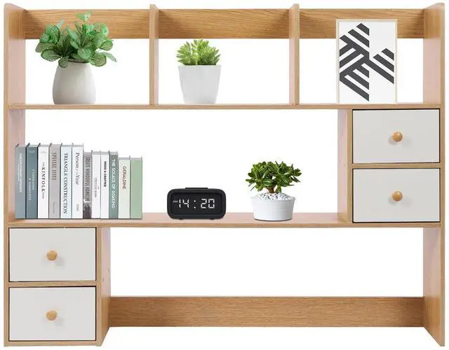 Main image of Desktop Bookshelf, Adjustable Desk Hutch Organizer with 8 Shelves & 4 Drawers, Extendable Desk Storage Organizer, Desktop Shelves Rack Top Bookcase for Home Office
