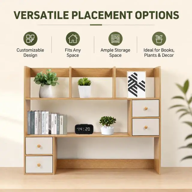 Alt view image 3 of 7 - Desktop Bookshelf, Adjustable Desk Hutch Organizer with 8 Shelves & 4 Drawers, Extendable Desk Storage Organizer, Desktop Shelves Rack Top Bookcase for Home Office