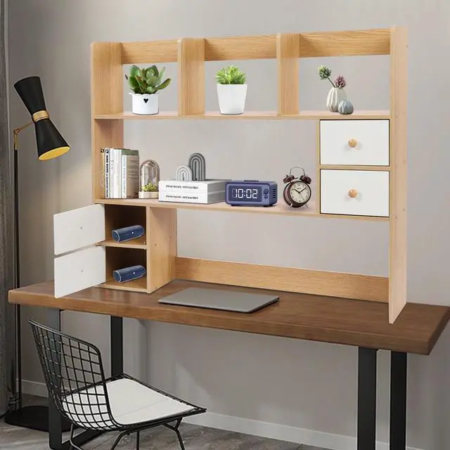 Alt view image 2 of 7 - Desktop Bookshelf, Adjustable Desk Hutch Organizer with 8 Shelves & 4 Drawers, Extendable Desk Storage Organizer, Desktop Shelves Rack Top Bookcase for Home Office