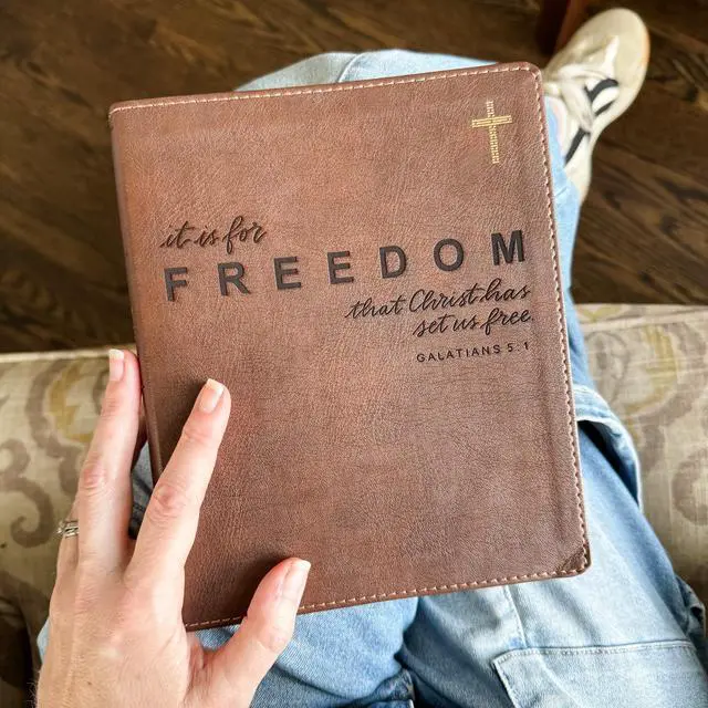 Alt view image 2 of 6 - FREEDOM - NIV Journaling Bible | Brown With Gold Cross | Christ Has Set Us Free | Includes Option to add Engraved Name | Personalized and Customizable Gift