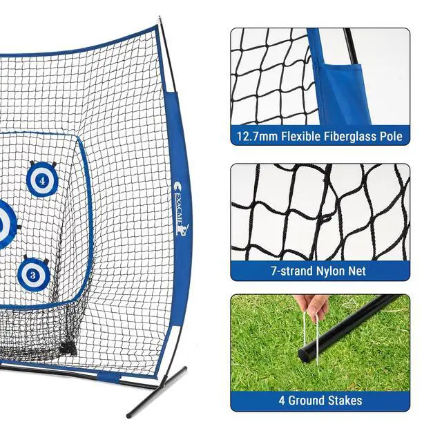 Alt view image 4 of 6 - 7'x7' 8'x8' Baseball Softball Practice Net with 6 Targets for Kids Adults, Pitching Hitting Training Net, Anchor Kits, Carry Bag