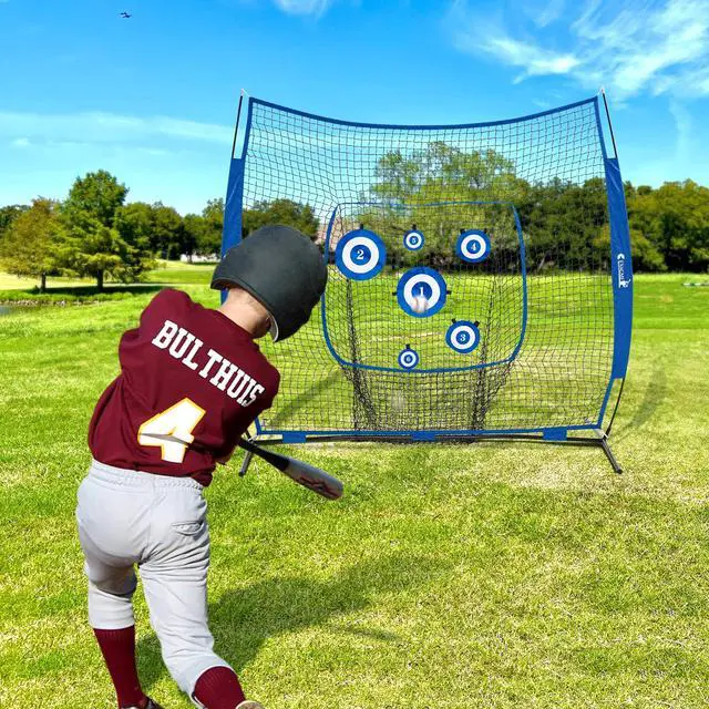 Alt view image 2 of 6 - 7'x7' 8'x8' Baseball Softball Practice Net with 6 Targets for Kids Adults, Pitching Hitting Training Net, Anchor Kits, Carry Bag