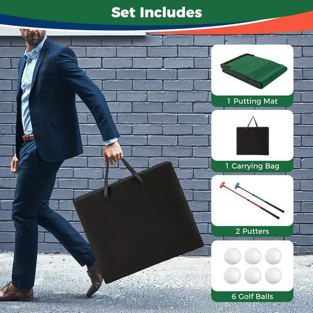 Alt view image 4 of 7 - Golf Putting Mat, Portable Golf Game Set with 2 Adjustable Putters, 6 Balls, Carrying Bag, Indoor & Outdoor Putting Green Mat for Practice, Suits Office, Home, Backyard