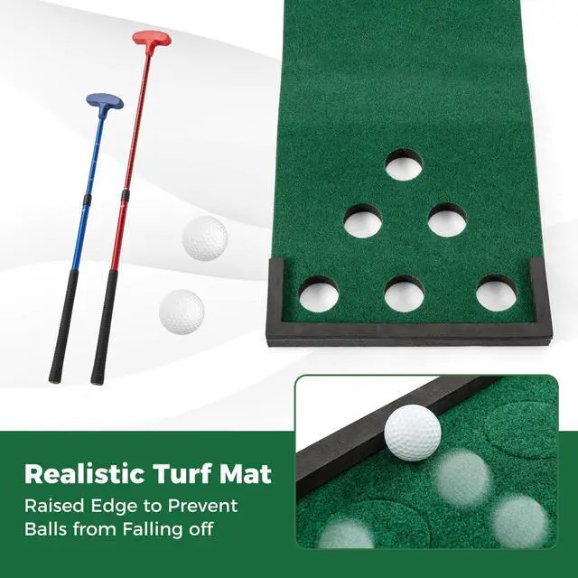 Alt view image 3 of 7 - Golf Putting Mat, Portable Golf Game Set with 2 Adjustable Putters, 6 Balls, Carrying Bag, Indoor & Outdoor Putting Green Mat for Practice, Suits Office, Home, Backyard