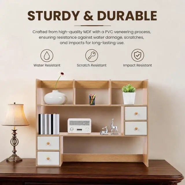 Alt view image 5 of 7 - Desktop Bookshelf, Adjustable Desk Hutch Organizer with 8 Shelves & 4 Drawers, Extendable Desk Storage Organizer, Desktop Shelves Rack Top Bookcase for Home Office