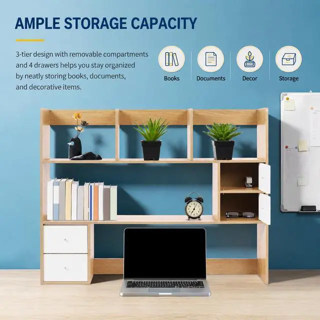 Alt view image 7 of 7 - Desktop Bookshelf, Adjustable Desk Hutch Organizer with 8 Shelves & 4 Drawers, Extendable Desk Storage Organizer, Desktop Shelves Rack Top Bookcase for Home Office