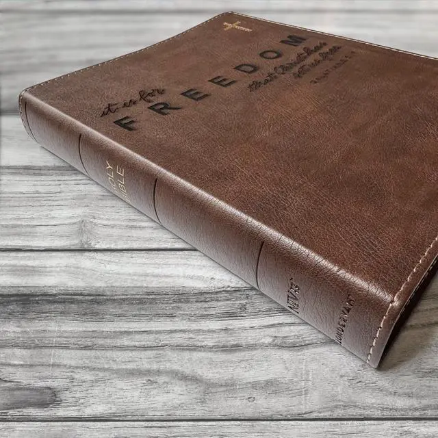 Alt view image 3 of 6 - FREEDOM - NIV Journaling Bible | Brown With Gold Cross | Christ Has Set Us Free | Includes Option to add Engraved Name | Personalized and Customizable Gift