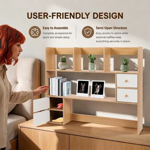 Alt view image 6 of 7 - Desktop Bookshelf, Adjustable Desk Hutch Organizer with 8 Shelves & 4 Drawers, Extendable Desk Storage Organizer, Desktop Shelves Rack Top Bookcase for Home Office