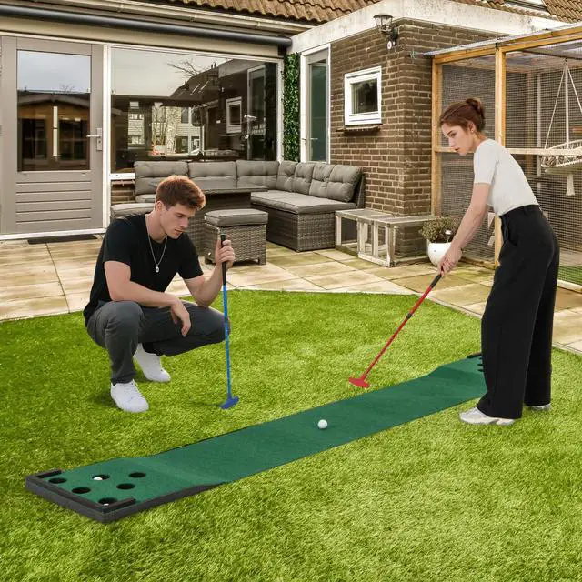 Alt view image 7 of 7 - Golf Putting Mat, Portable Golf Game Set with 2 Adjustable Putters, 6 Balls, Carrying Bag, Indoor & Outdoor Putting Green Mat for Practice, Suits Office, Home, Backyard