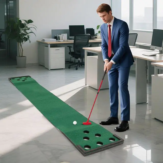 Alt view image 6 of 7 - Golf Putting Mat, Portable Golf Game Set with 2 Adjustable Putters, 6 Balls, Carrying Bag, Indoor & Outdoor Putting Green Mat for Practice, Suits Office, Home, Backyard