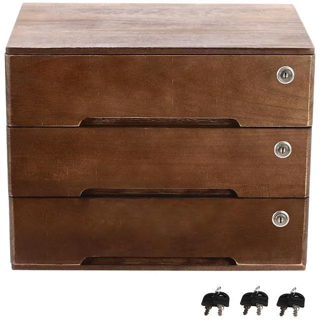 Main image of Wooden Storage Box with 3 Drawers, Vintage Office Supplies and Accessories Letter Tray, Wood Desktop School Supply Organizer, Library Card Catalog Cabinet, Rustic Jewelry Box with Lock