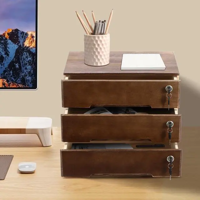 Alt view image 2 of 7 - Wooden Storage Box with 3 Drawers, Vintage Office Supplies and Accessories Letter Tray, Wood Desktop School Supply Organizer, Library Card Catalog Cabinet, Rustic Jewelry Box with Lock