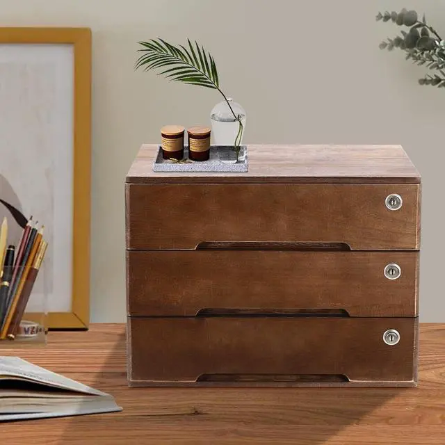 Alt view image 4 of 7 - Wooden Storage Box with 3 Drawers, Vintage Office Supplies and Accessories Letter Tray, Wood Desktop School Supply Organizer, Library Card Catalog Cabinet, Rustic Jewelry Box with Lock