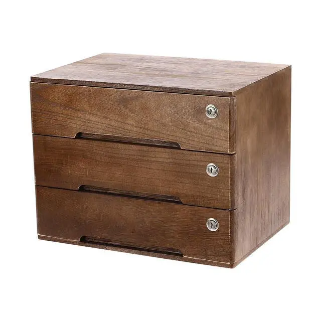 Alt view image 5 of 7 - Wooden Storage Box with 3 Drawers, Vintage Office Supplies and Accessories Letter Tray, Wood Desktop School Supply Organizer, Library Card Catalog Cabinet, Rustic Jewelry Box with Lock