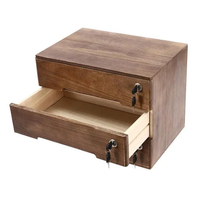 Alt view image 7 of 7 - Wooden Storage Box with 3 Drawers, Vintage Office Supplies and Accessories Letter Tray, Wood Desktop School Supply Organizer, Library Card Catalog Cabinet, Rustic Jewelry Box with Lock
