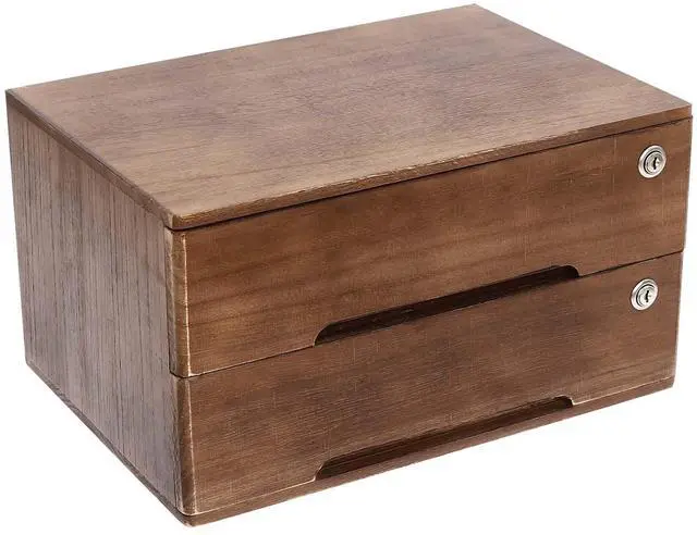 Main image of 2 Drawer Small Vintage Style Wooden Storage Organizer with Lock for Accessories - Rustic Decorative Box for Office, Desktop Countertop and Incense Storage