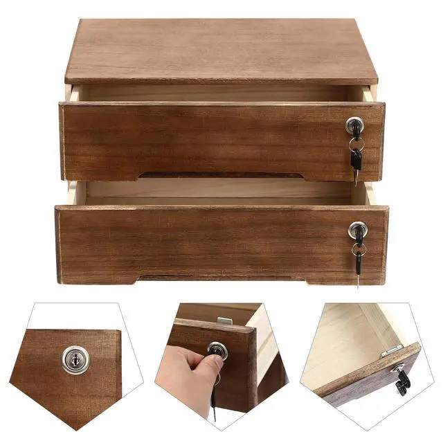 Alt view image 5 of 7 - 2 Drawer Small Vintage Style Wooden Storage Organizer with Lock for Accessories - Rustic Decorative Box for Office, Desktop Countertop and Incense Storage