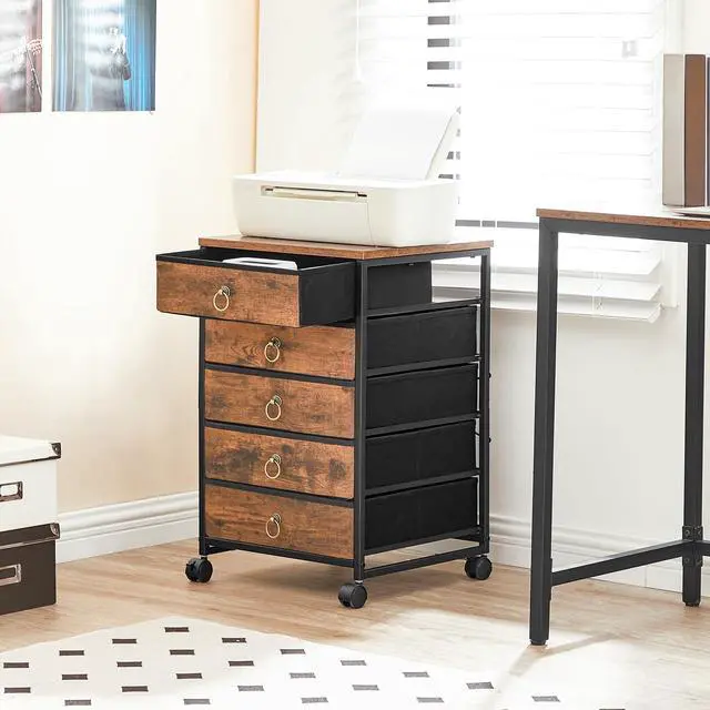 Alt view image 2 of 7 - 5-Drawer Chest, File Cabinet, Office Cabinet with Drawers, Rolling Printer Stand for Living Room, Home Office, Nonwovens Drawer, Easy Assembly, Rustic Brown BF50WJ01