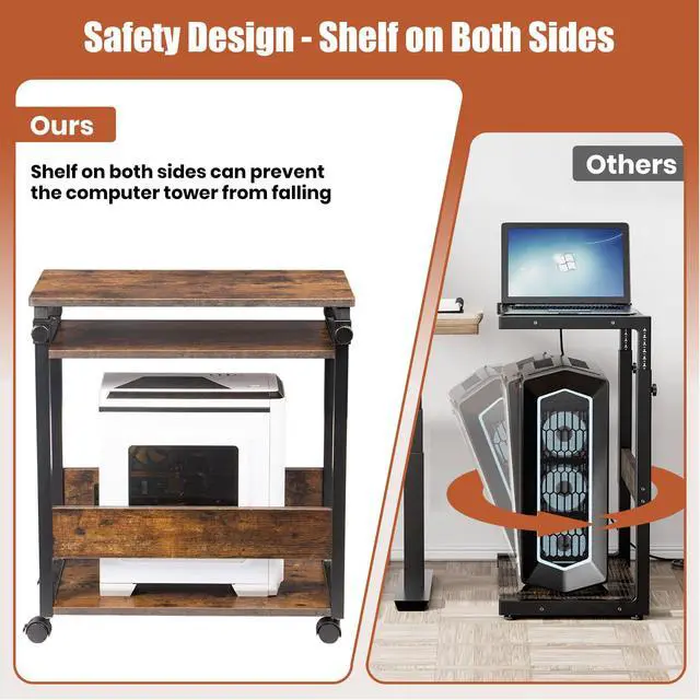 Alt view image 5 of 7 - Height Adjustable Computer Tower Stand, Top Adjustable 24"Wx12"Dx23"-38"H | Printer Stands with Wheels, PC Tower Stand, Printer Table for Home Office, Holds Up to 132 lbs (Fits Tower Lower Than 19")
