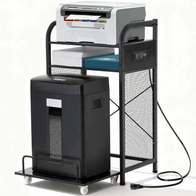 Main image of 3-Tier Printer and Shredder Stand with Pull Out Shelf, 20" L x 14" W x 34" H Floor-Standing Printer Shredder Stand with Power Outlet, Printer Stand with Shredder Storage, Office Storage Rack