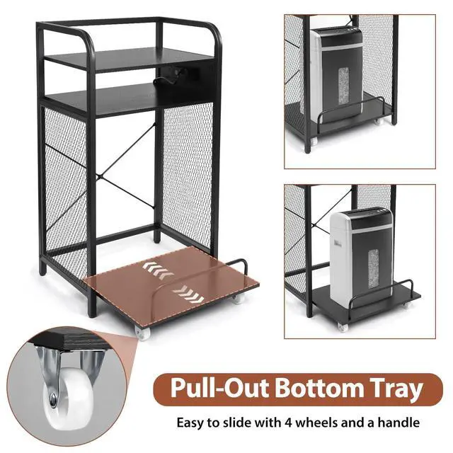 Alt view image 2 of 7 - 3-Tier Printer and Shredder Stand with Pull Out Shelf, 20" L x 14" W x 34" H Floor-Standing Printer Shredder Stand with Power Outlet, Printer Stand with Shredder Storage, Office Storage Rack