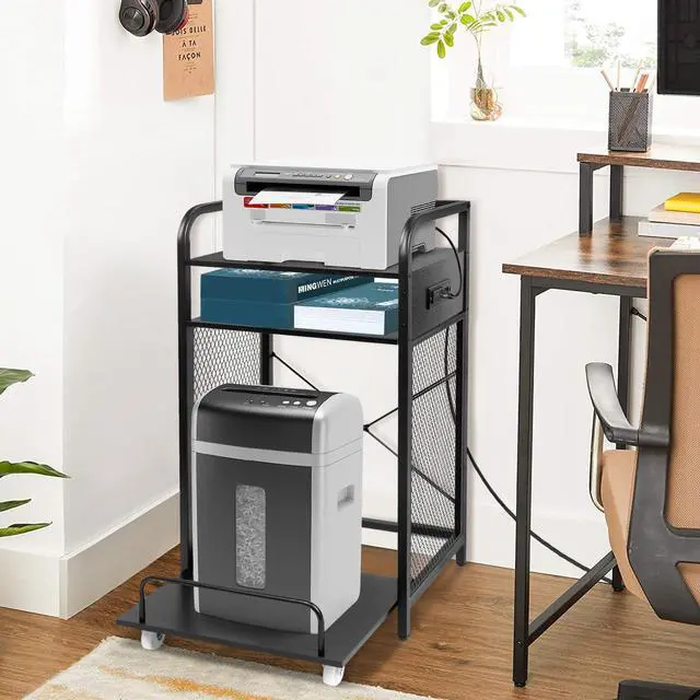 Alt view image 3 of 7 - 3-Tier Printer and Shredder Stand with Pull Out Shelf, 20" L x 14" W x 34" H Floor-Standing Printer Shredder Stand with Power Outlet, Printer Stand with Shredder Storage, Office Storage Rack