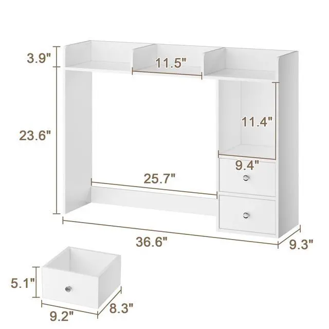 Alt view image 2 of 7 - Desktop Bookshelf with LED Lights and 4 Shelves | 36.6", 2 Drawers, Fits 27" Monitor, Desk Organizer Shelf, Dorm Office Home, White