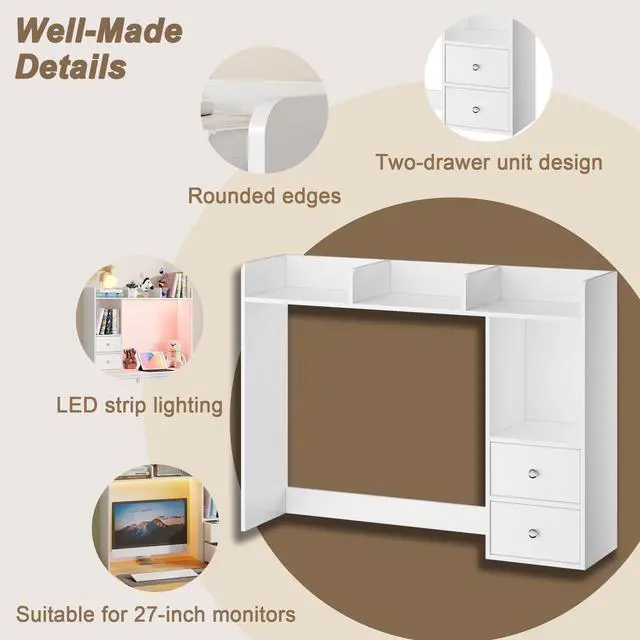 Alt view image 5 of 7 - Desktop Bookshelf with LED Lights and 4 Shelves | 36.6", 2 Drawers, Fits 27" Monitor, Desk Organizer Shelf, Dorm Office Home, White