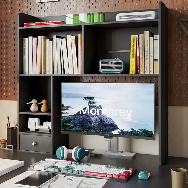 Main image of Desktop Bookshelf, 36.4" DormDesk Hutch with 5 Shelves | Countertop Desk Hutch, 1 Drawer,for Computer Desk, Desk Shelf Organizer, Dorm Office Home, White