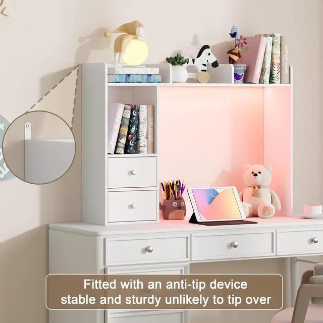 Alt view image 7 of 7 - Desktop Bookshelf with LED Lights and 4 Shelves | 36.6", 2 Drawers, Fits 27" Monitor, Desk Organizer Shelf, Dorm Office Home, White
