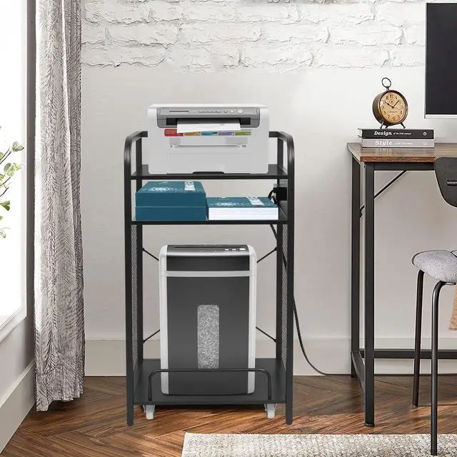 Alt view image 7 of 7 - 3-Tier Printer and Shredder Stand with Pull Out Shelf, 20" L x 14" W x 34" H Floor-Standing Printer Shredder Stand with Power Outlet, Printer Stand with Shredder Storage, Office Storage Rack