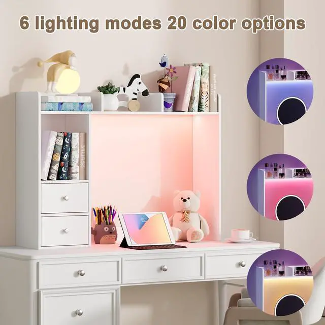 Alt view image 3 of 7 - Desktop Bookshelf with LED Lights and 4 Shelves | 36.6", 2 Drawers, Fits 27" Monitor, Desk Organizer Shelf, Dorm Office Home, White