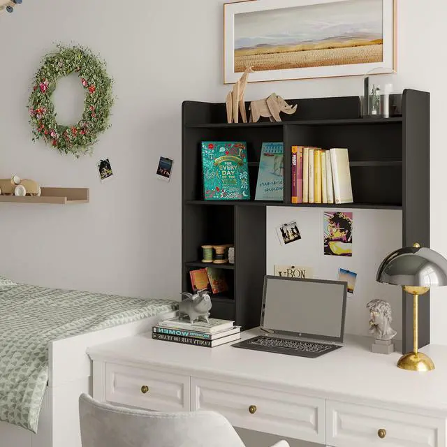 Alt view image 4 of 7 - Desktop Bookshelf, 36.4" DormDesk Hutch with 5 Shelves | Countertop Desk Hutch, 1 Drawer,for Computer Desk, Desk Shelf Organizer, Dorm Office Home, White
